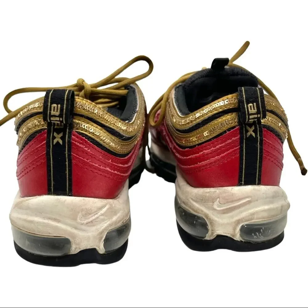 NIKE WOMENS AIR MAX 97 RED METALLIC GOLD SEQUIN SIZE 8.5  CT1148 600